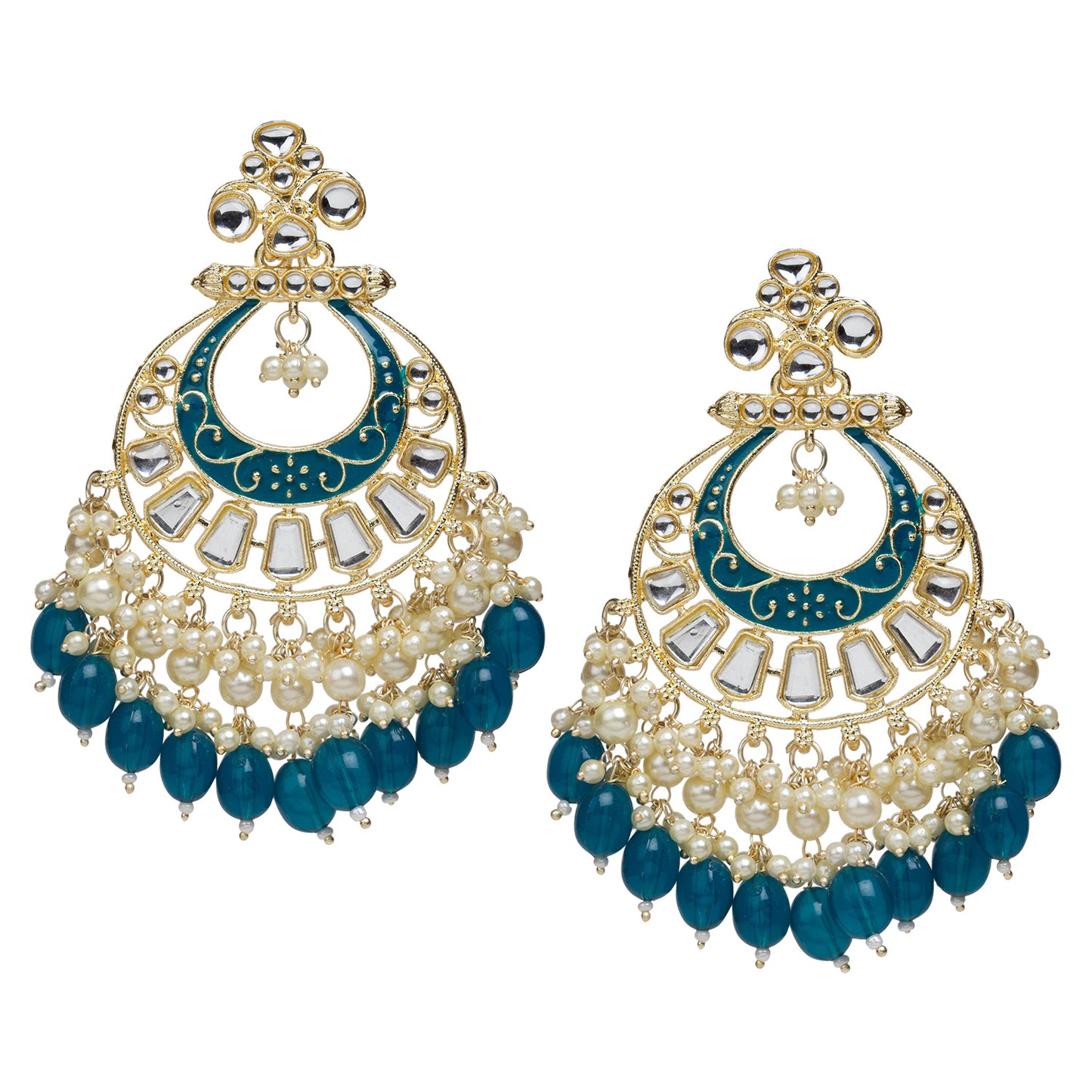 bindhani gold plated kundan stone blue drop meenakari chandbali earring for women girls