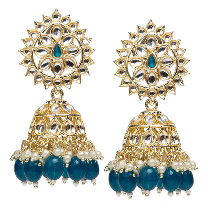 bindhani gold plated kundan stone pearl blue drop jhumka earrings for women girls