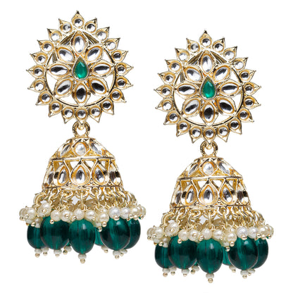 bindhani gold plated kundan stone pearl green drop jhumka earrings for women girls