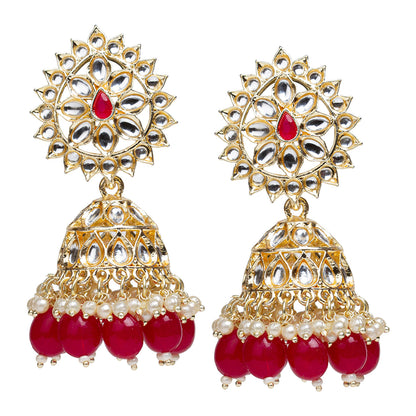 bindhani gold plated kundan stone pearl onion pink drop jhumka earrings for women girls