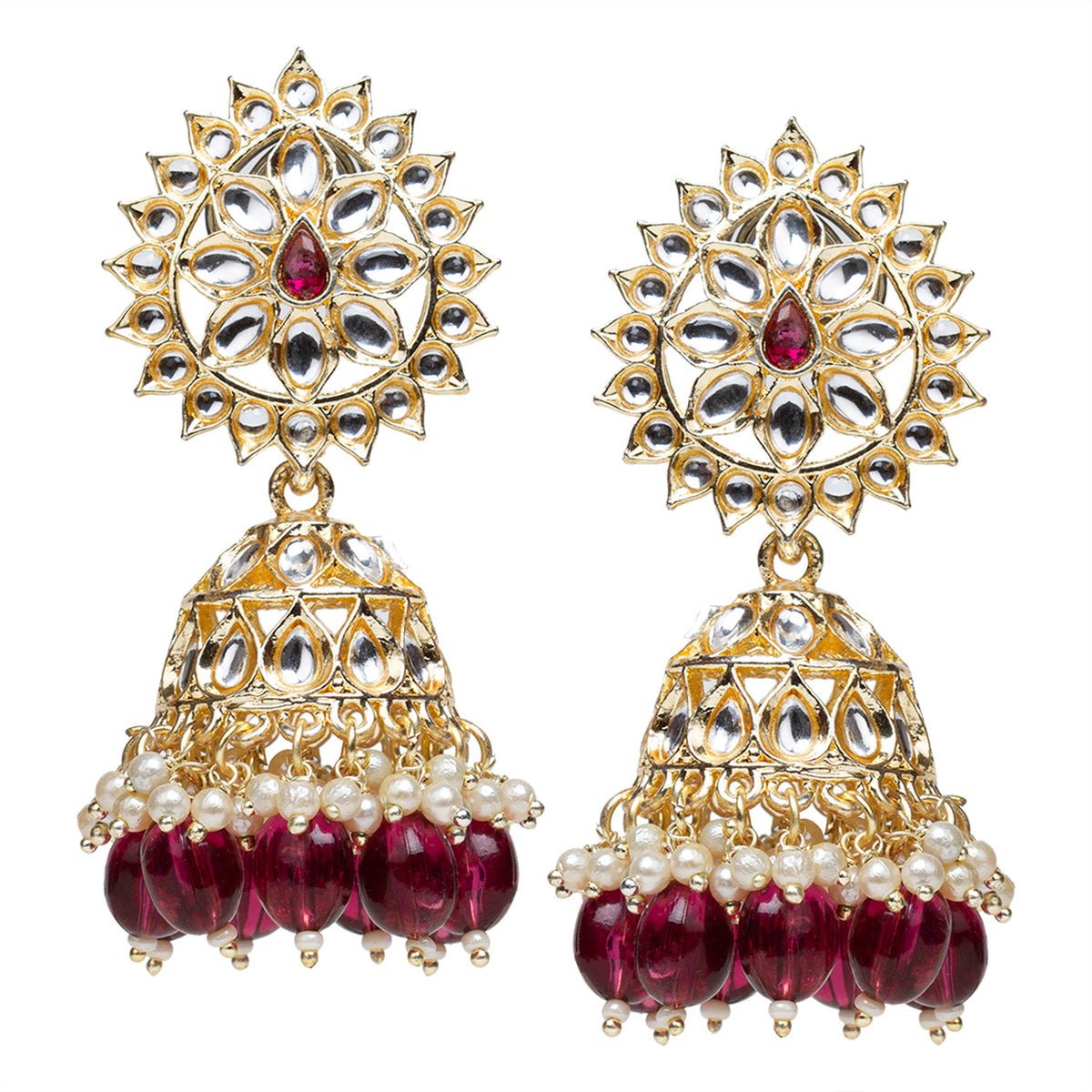 Bindhani Gold-plated jhumka earrings featuring a traditional dome-shaped design with kundan-style stone accents and a rich purple wine-colored drop detail. The upper stud section is embellished with decorative stones, leading to a rounded jhumka dome with intricate gold detailing. Below the dome, pearl and bead drops hang delicately, adding movement and elegance. The overall design combines kundan-inspired craftsmanship with pearl and colored accents for a festive, ethnic look.