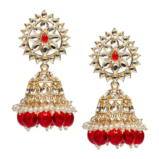 bindhani gold plated kundan stone pearl red drop jhumka earrings for women girls