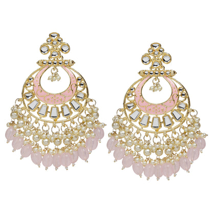 bindhani gold plated kundan stone pink drop meenakari chandbali earring for women girls