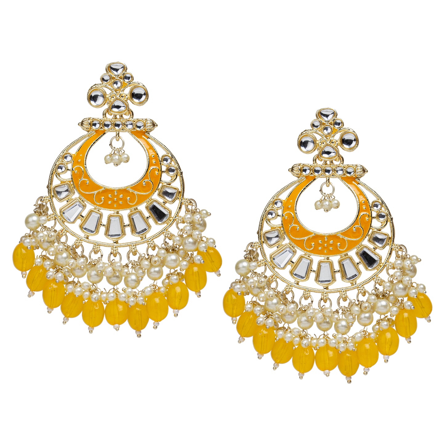 bindhani gold plated kundan stone yellow drop meenakari chandbali earring for women girls