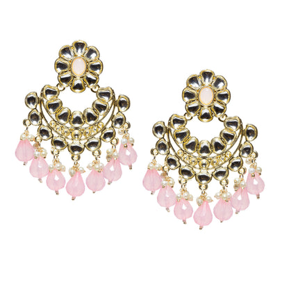 Bindhani gold-plated Kundan Chandbali earrings featuring floral baby pink stone tops, intricate white Kundan stone detailing, circular crescent-shaped design, gold-tone handcrafted work, pearl bead accents, and bright baby pink teardrop stone danglers. Traditional Indian statement earrings for women on a white background.