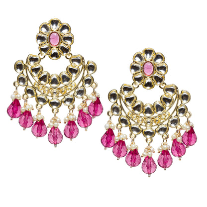Bindhani gold-plated Kundan Chandbali earrings featuring floral purple wine stone tops, intricate white Kundan stone detailing, circular crescent-shaped design, gold-tone handcrafted work, pearl bead accents, and bright purple wine teardrop stone danglers. Traditional Indian statement earrings for women on a white background.