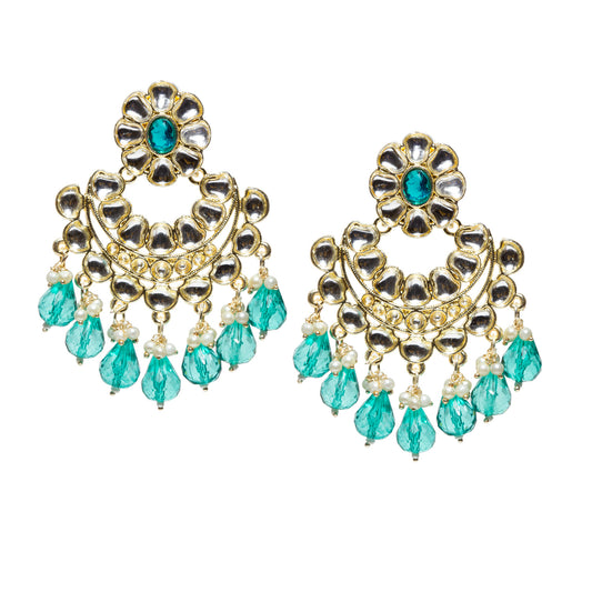 Bindhani gold-plated Kundan Chandbali earrings featuring floral sea green stone tops, intricate white Kundan stone detailing, circular crescent-shaped design, gold-tone handcrafted work, pearl bead accents, and bright sea green teardrop stone danglers. Traditional Indian statement earrings for women on a white background.