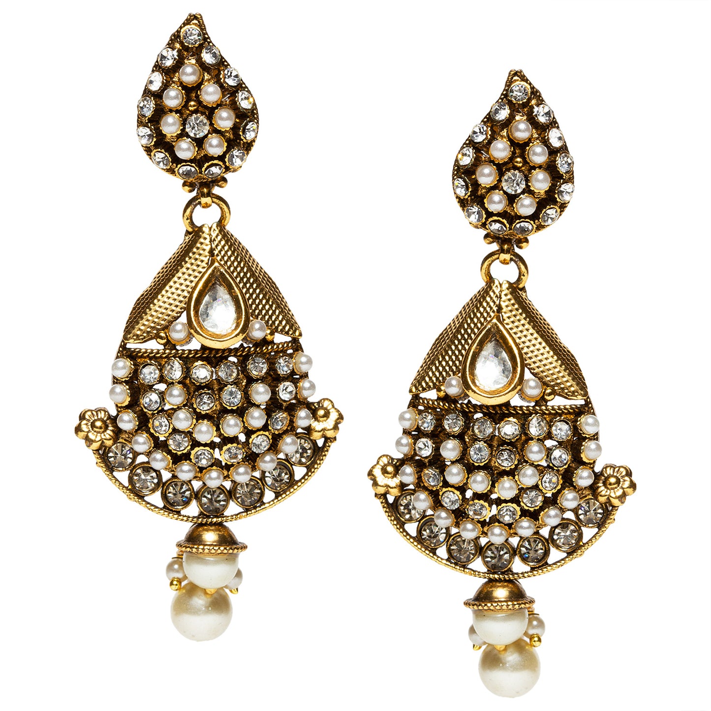 bindhani gold plated kundan white stone pearl drop earrings for women