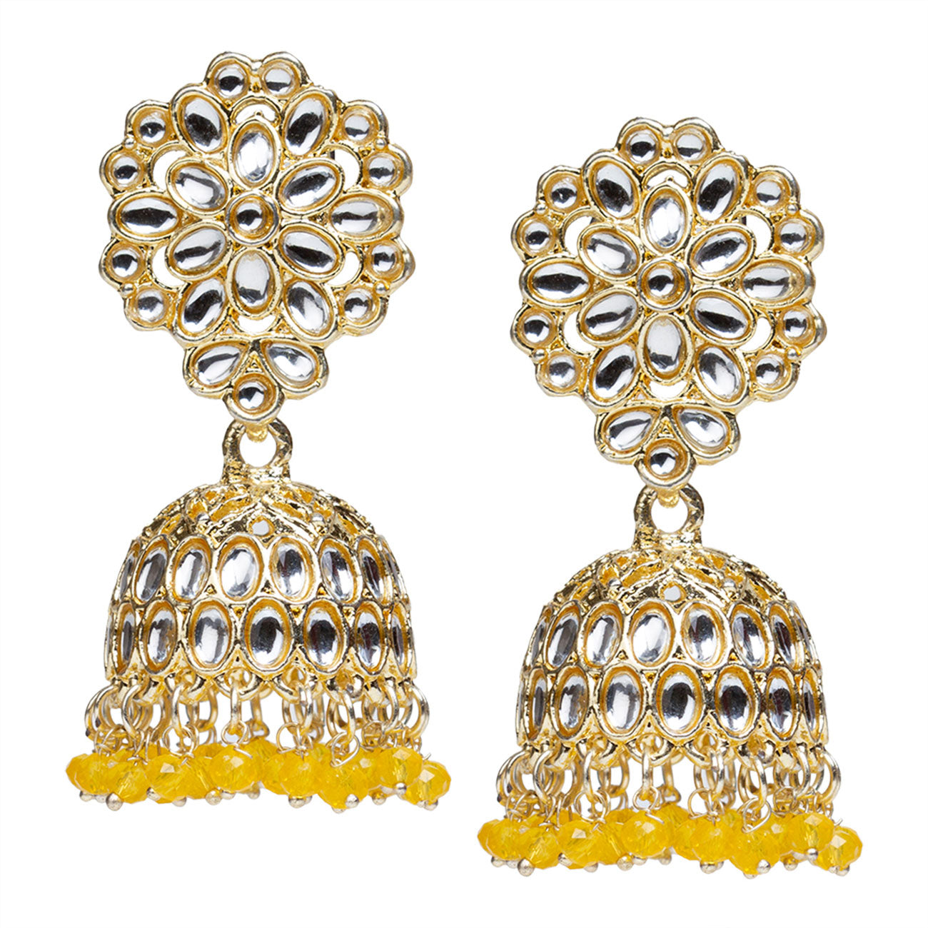 bindhani gold plated kundan yellow drop jhumka earrings for women girls