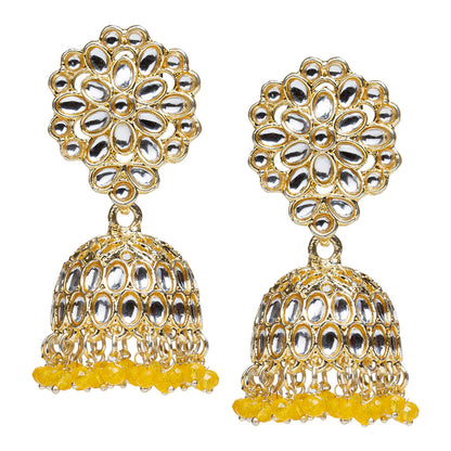 bindhani gold plated kundan yellow drop jhumka earrings for women girls