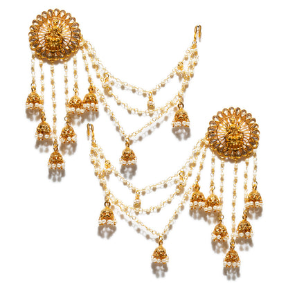 bindhani gold plated lakshmi jhumkai beads kundan stone head chain bahubali earrings for women and girls