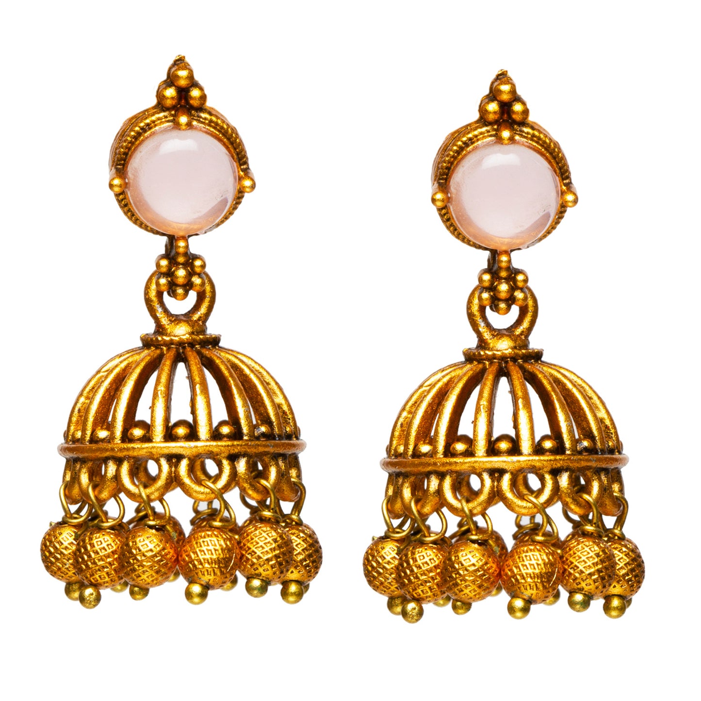 bindhani gold plated light pink stone golden beads jhumki earrings women girls