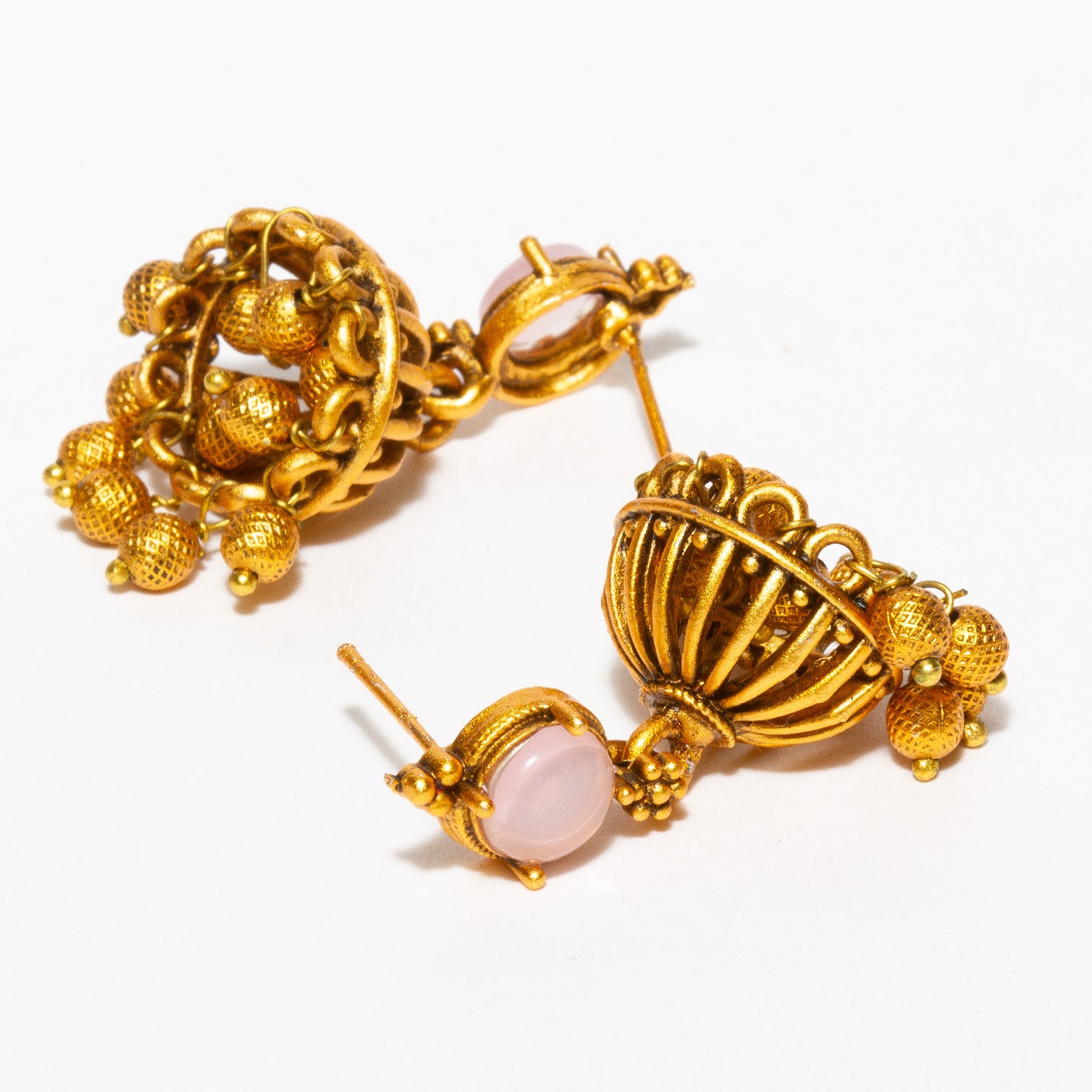 bindhani gold plated light pink stone golden beads jhumki earrings women teenage girls