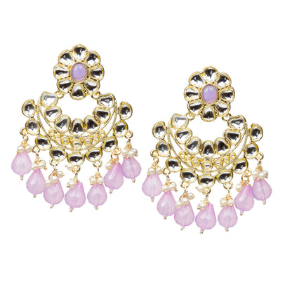 Pair of Bindhani gold-plated chandbali earrings adorned with sparkling Kundan stones and cascading light purple pearl drops. Traditional Indian ethnic jewelry with an ornate crescent silhouette, ideal for festive occasions, weddings, and cultural celebrations.