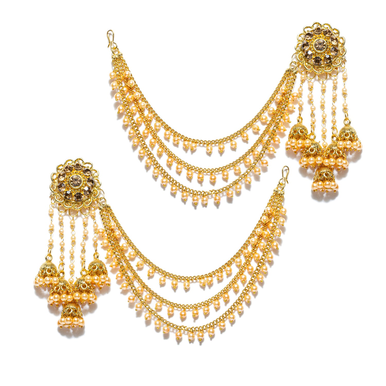 bindhani gold plated long faux pearl drop golden stone jhumki head chain bahubali earrings for women and girls