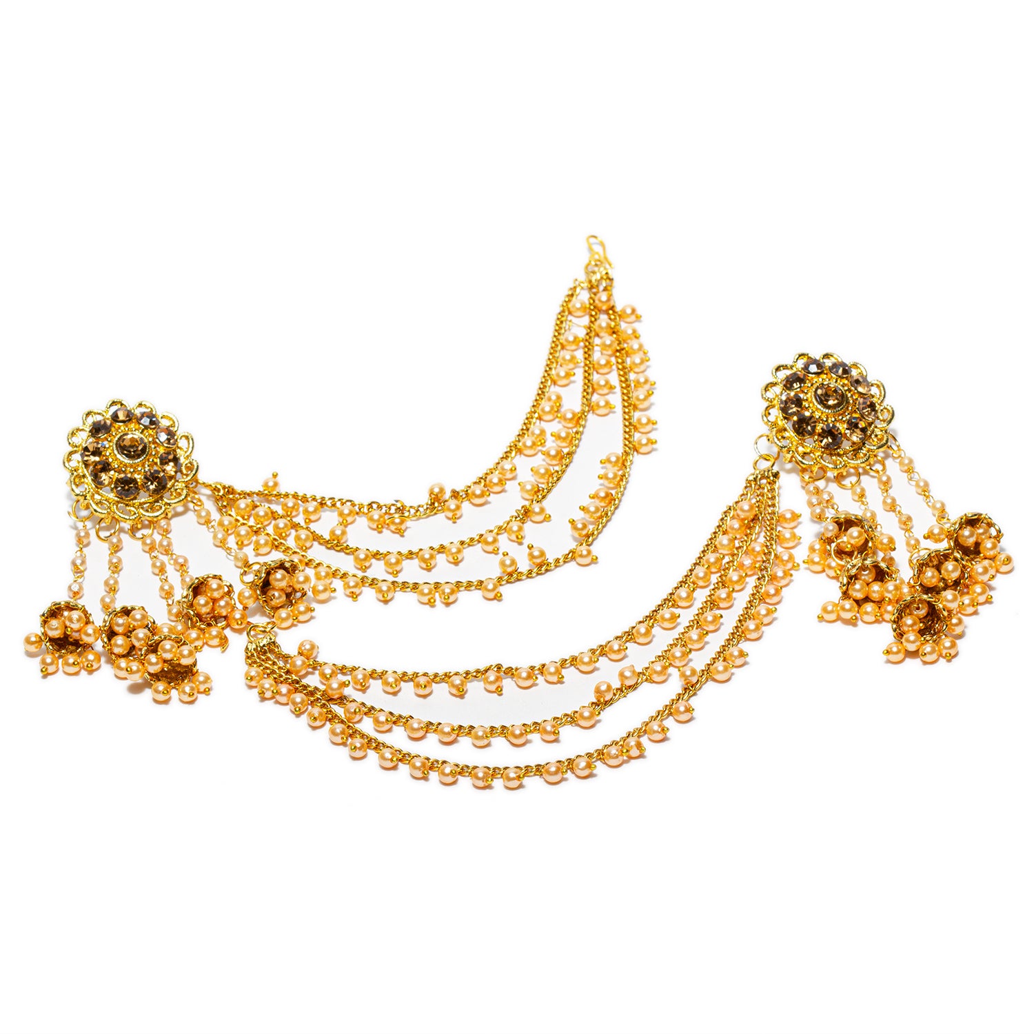 bindhani gold plated long faux pearl drop golden stone jhumki head chain bahubali earrings for women and girls