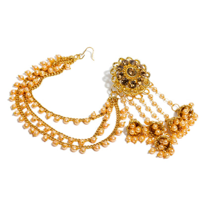 bindhani gold plated long faux pearl drop golden stone jhumki head chain bahubali earrings for women and girls