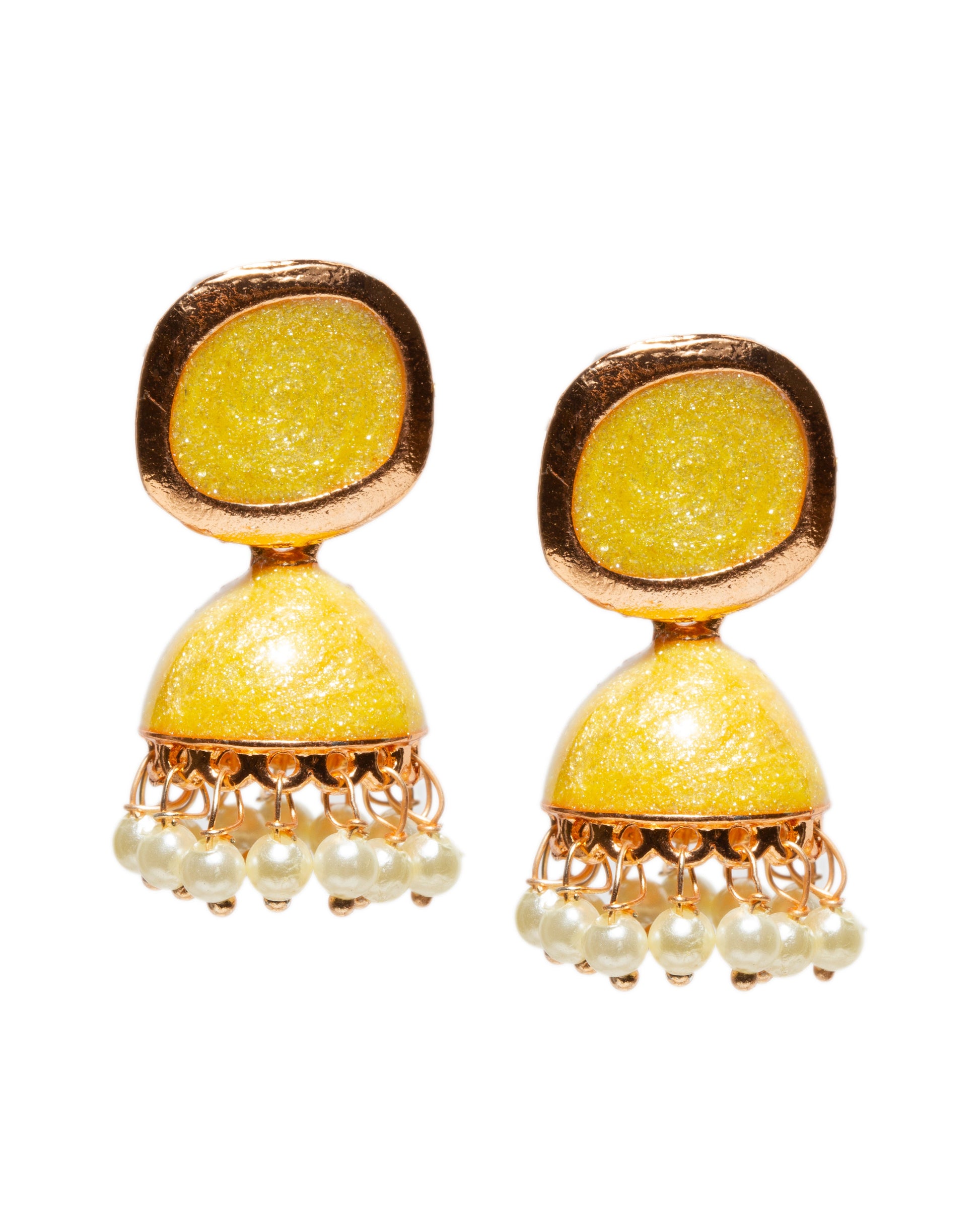 Bindhani gold-plated drop earrings featuring a square mango yellow stud, dome-shaped yellow jhumka design, and dangling white pearl beads in a traditional ethnic style perfect for haldi ceremony.