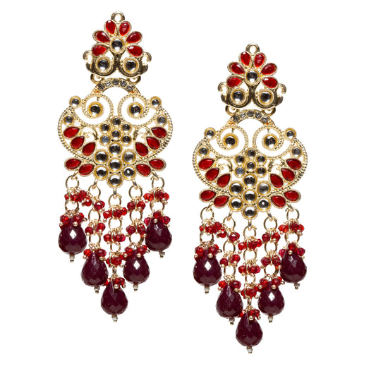 Bindhani gold-plated long dangler earrings featuring maroon drop beads, maroon floral accents, sparkling Kundan stones, intricate filigree detailing, and cascading bead charms for a vibrant traditional ethnic look.