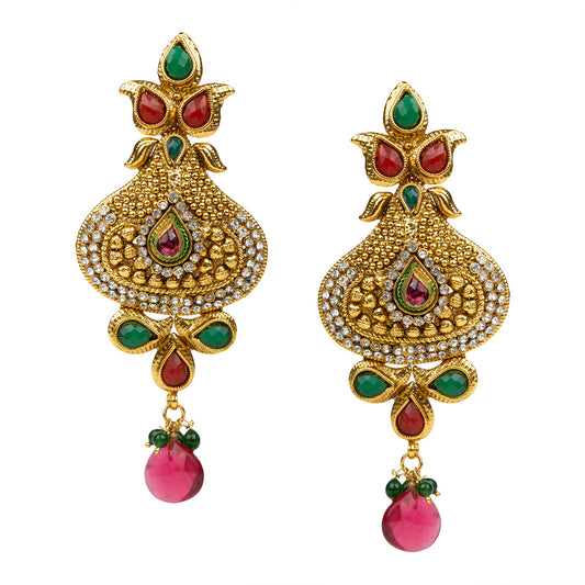 bindhani gold plated maroon green kundan pink pearl drop long copper earrings for women girls