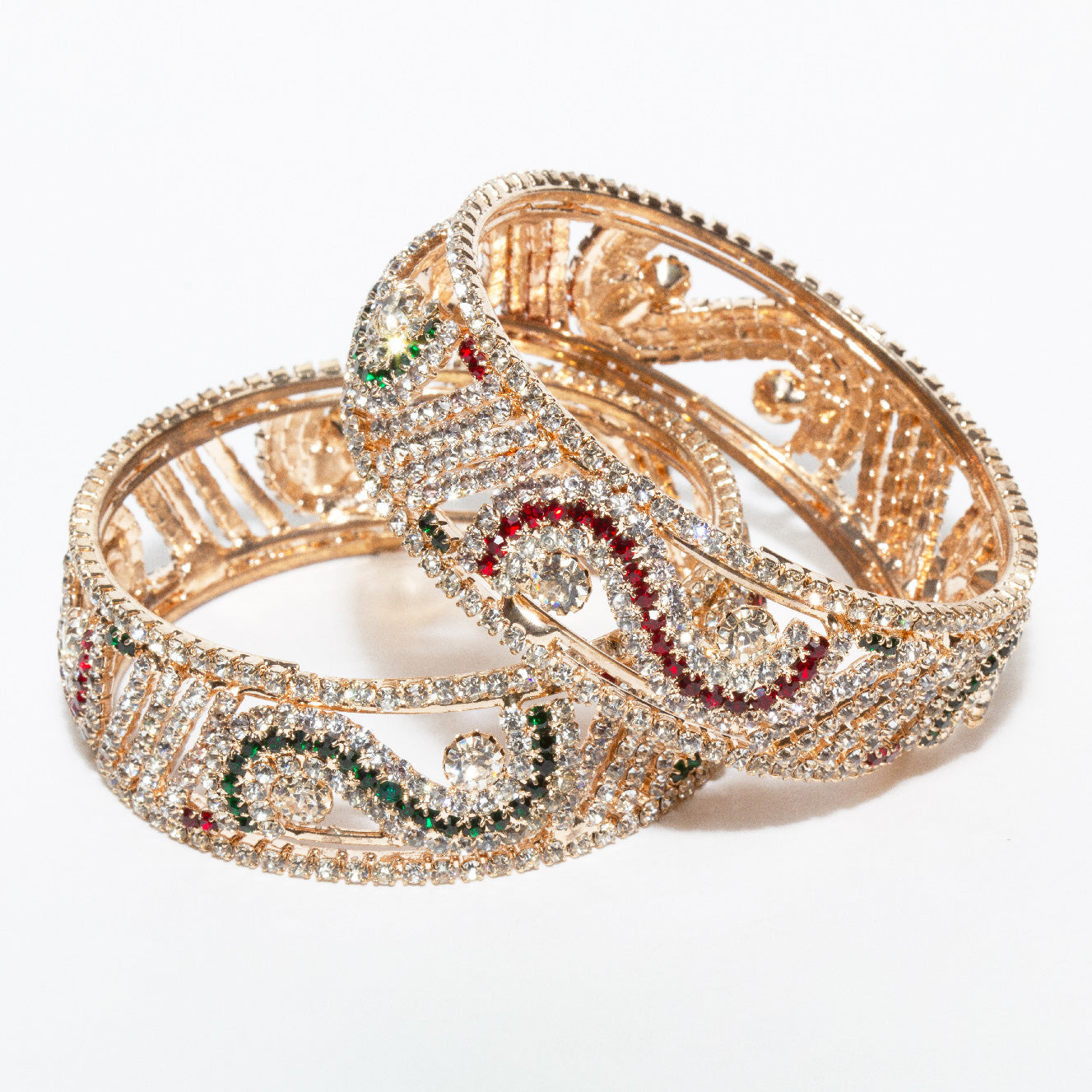 bindhani gold plated maroon green white artificial diamond stone bangle kada set