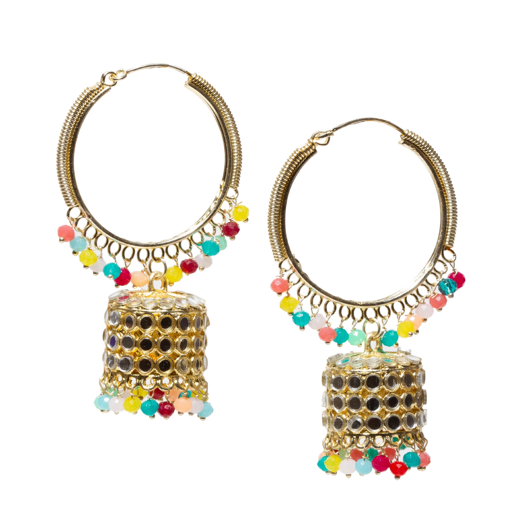 Front view of a pair of gold-tone hoop jhumka earrings featuring a textured circular hoop adorned with multi pearl accents. Each hoop suspends a cylindrical mirror-work jhumka embellished with reflective stones and finished with dangling multi colors pearl beads. Displayed on a plain white background.