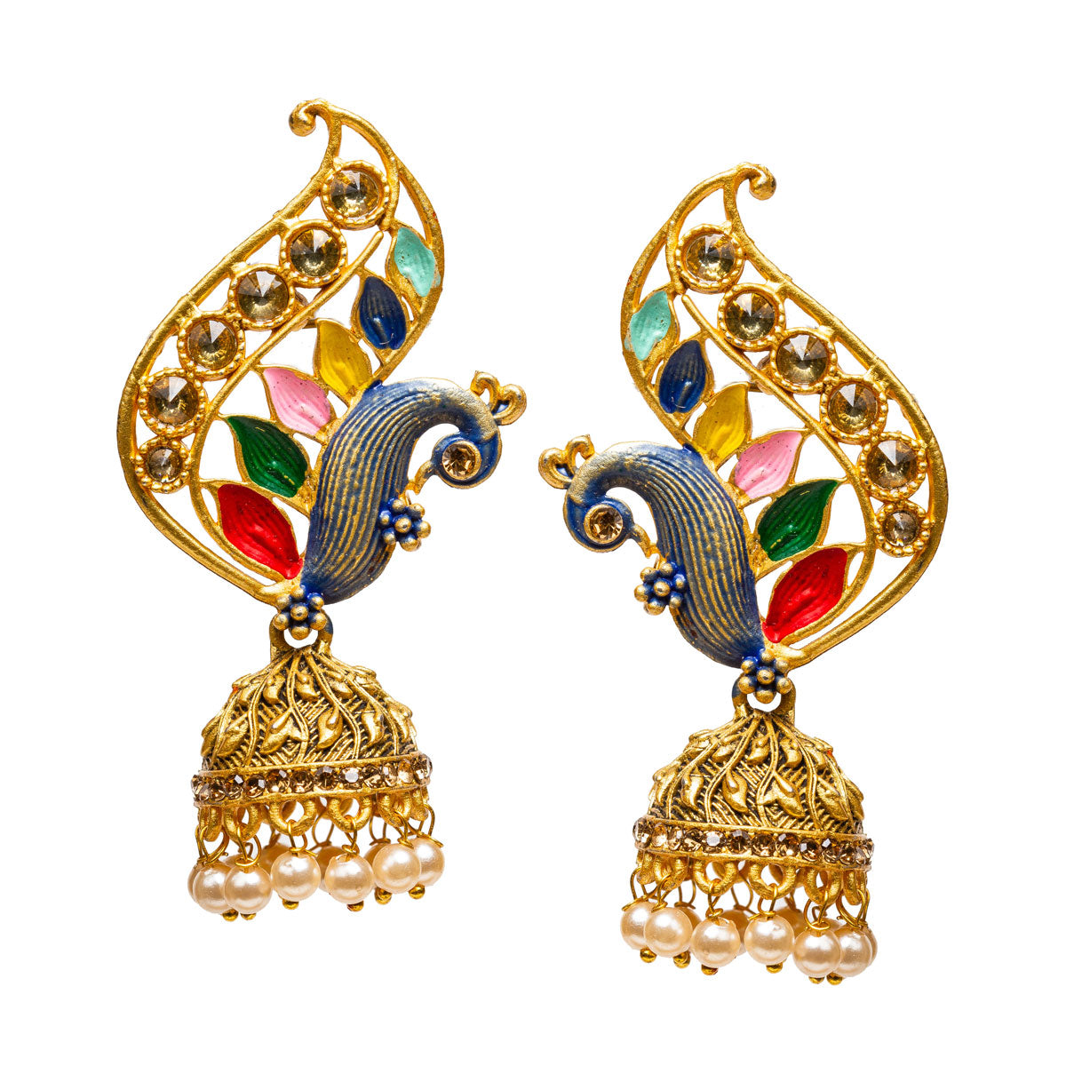 bindhani gold plated multcolor meenakari peacock jhumka earrings for women girls