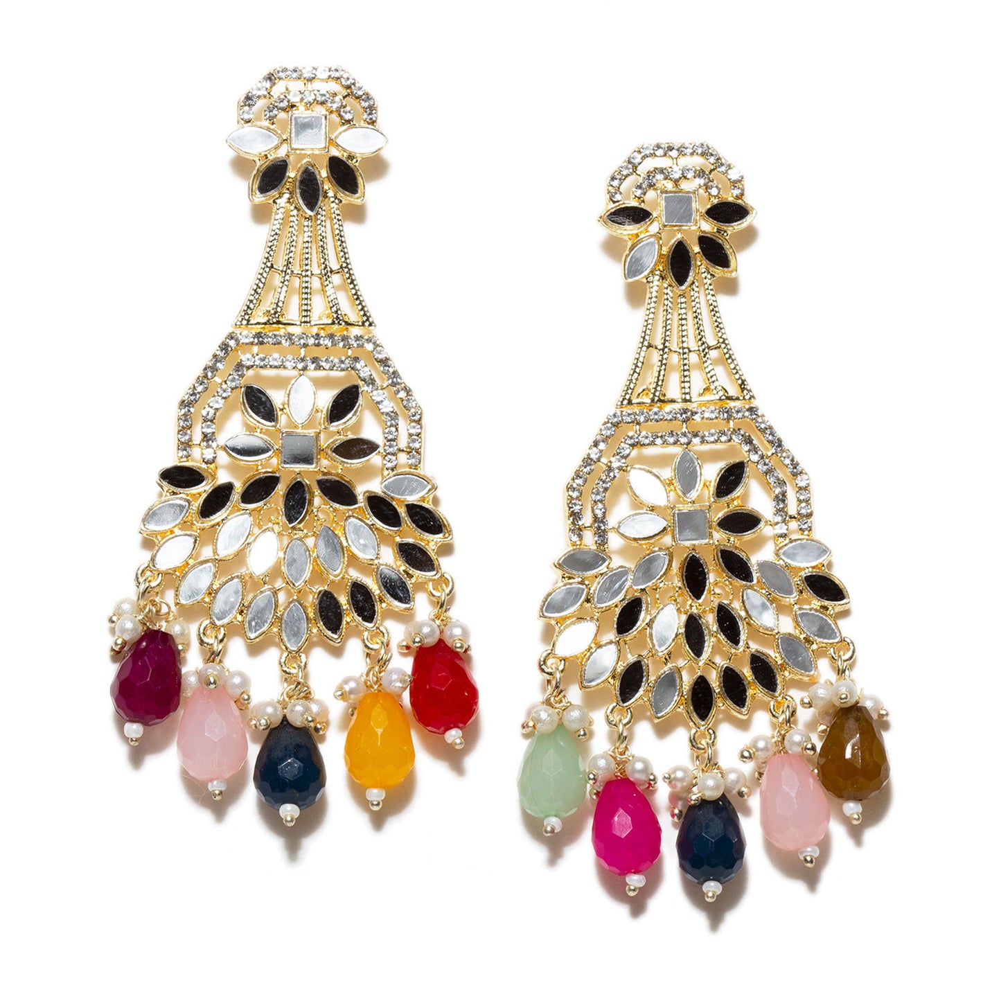 bindhani gold plated multi color drop white stone and beads mirror hanging earring for women girls