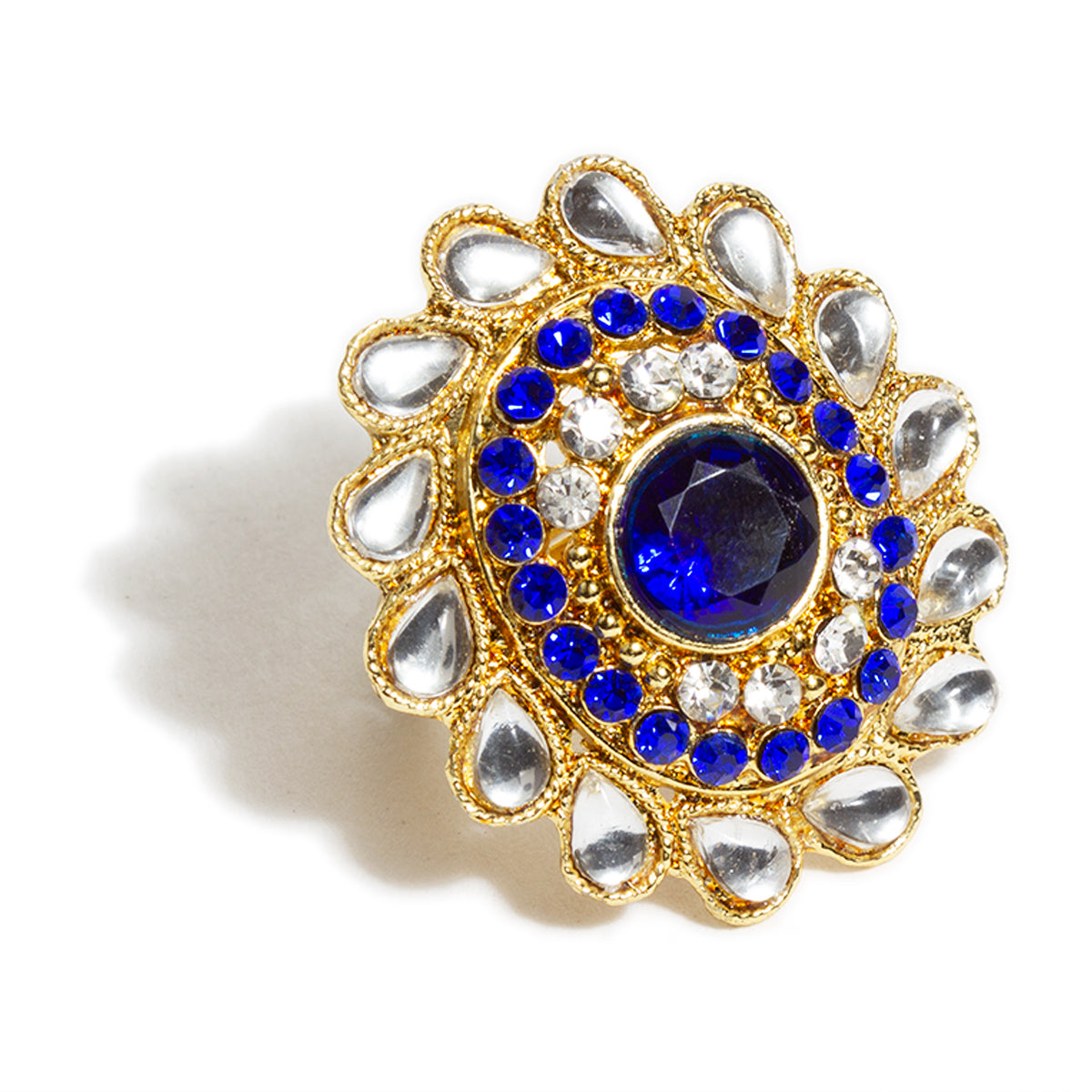 bindhani gold plated oval shaped blue white stone adjustable finger ring for women and girls