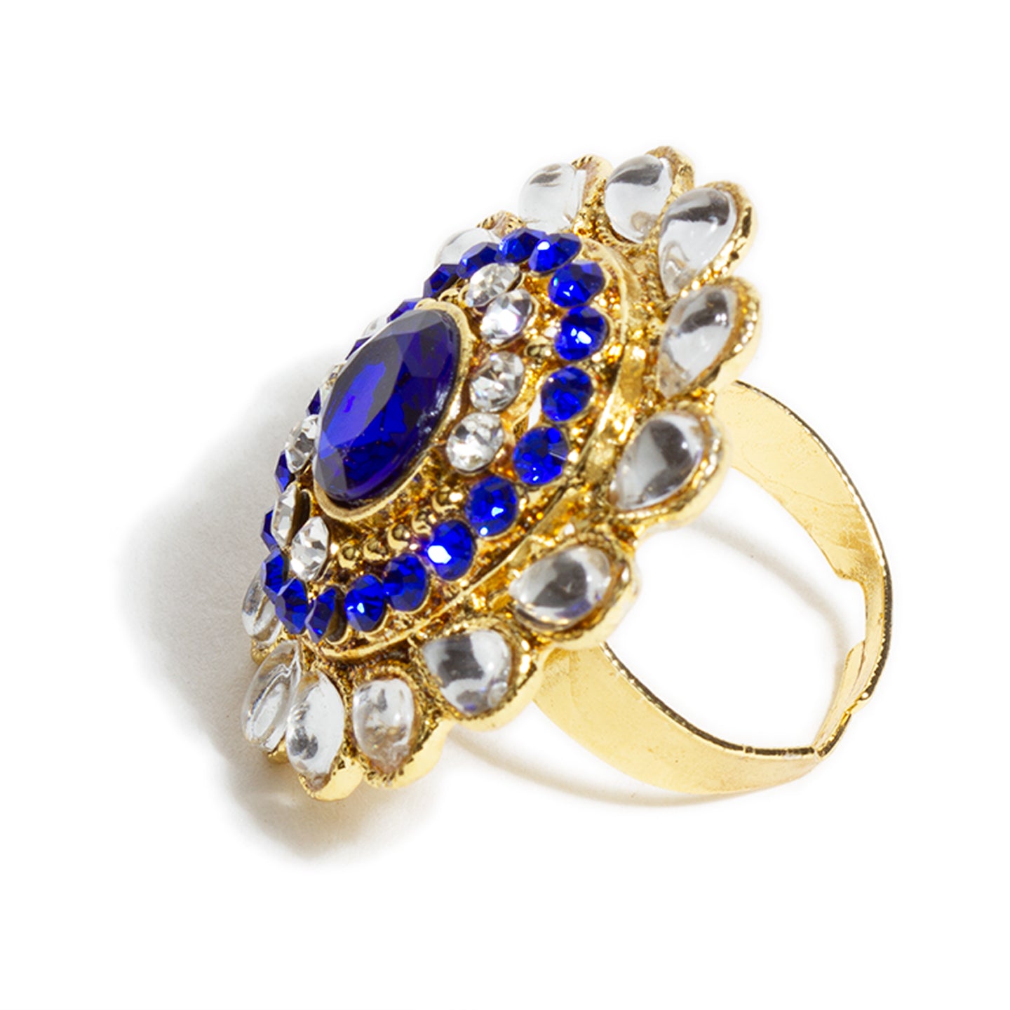 bindhani gold plated oval shaped blue white stone adjustable finger ring for women and girls