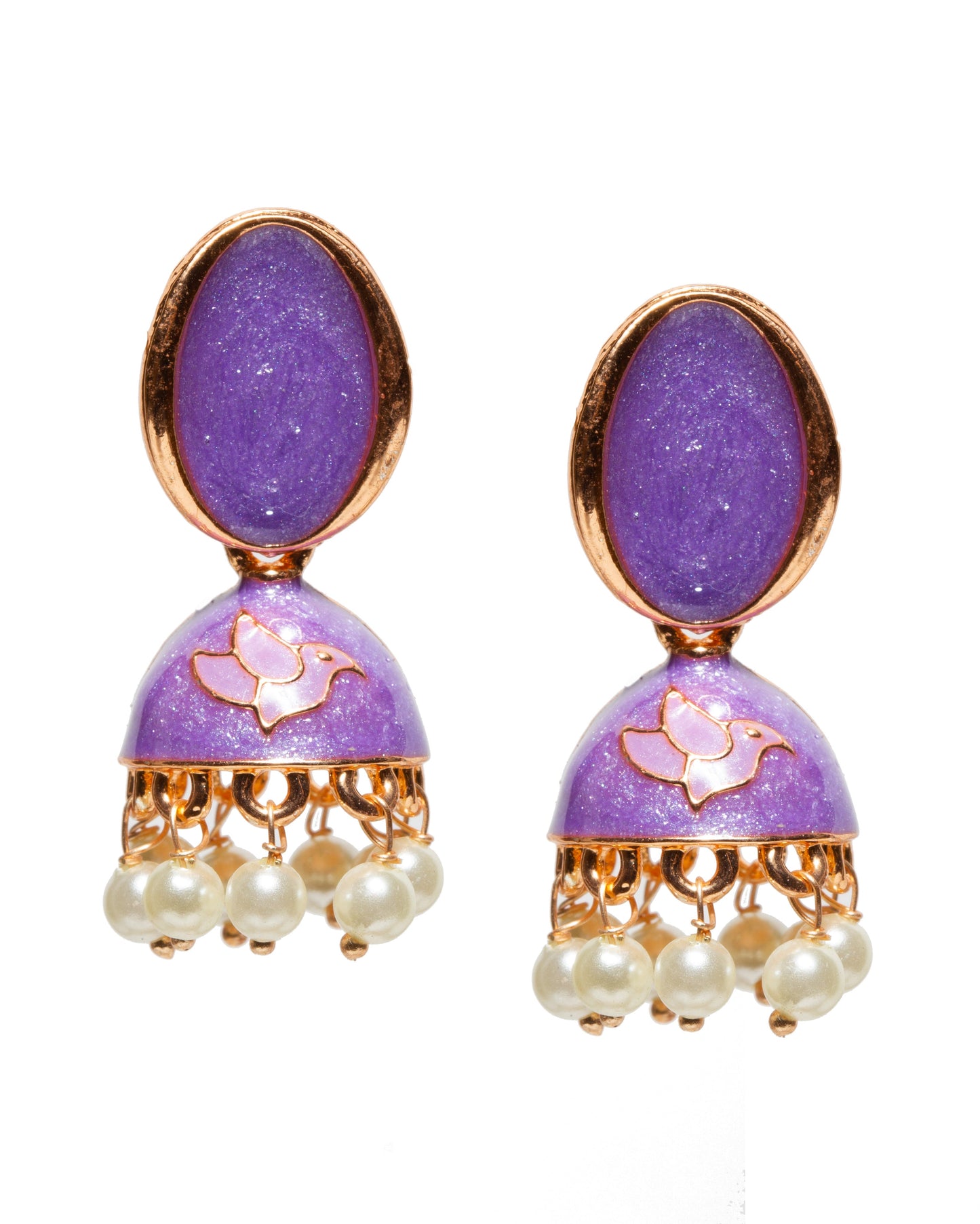 Bindhani gold-plated meenakari jhumka earrings with oval shaped purple enamel stud tops, dome-shaped drops featuring lavender twity  bird motif enamel work, and dangling white pearl beads in traditional ethnic design.