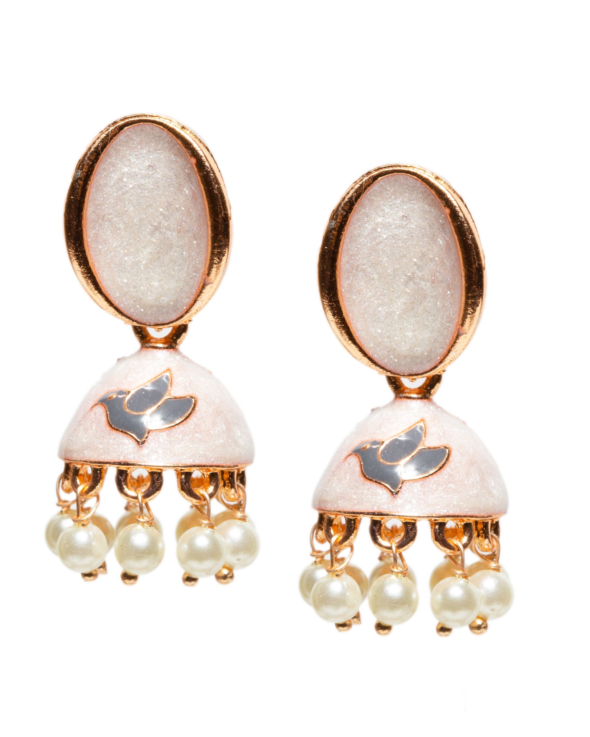 Bindhani gold-plated meenakari jhumka earrings with oval shaped white enamel stud top, dome-shaped drops featuring grey twity bird motif enamel work, and dangling white pearl beads in traditional ethnic design.