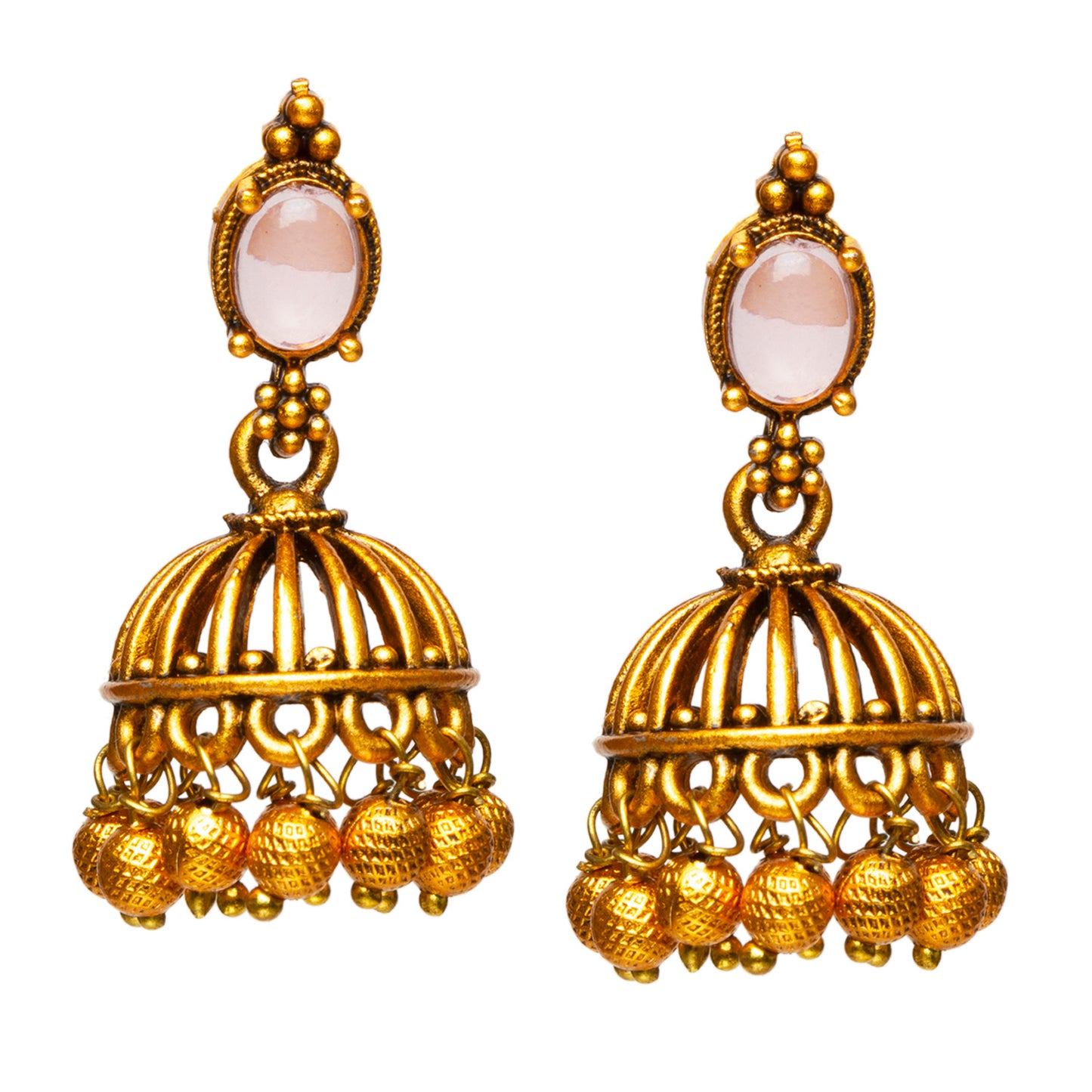 bindhani gold plated ovel beby light pink stone golden beads jhumki earrings women girls