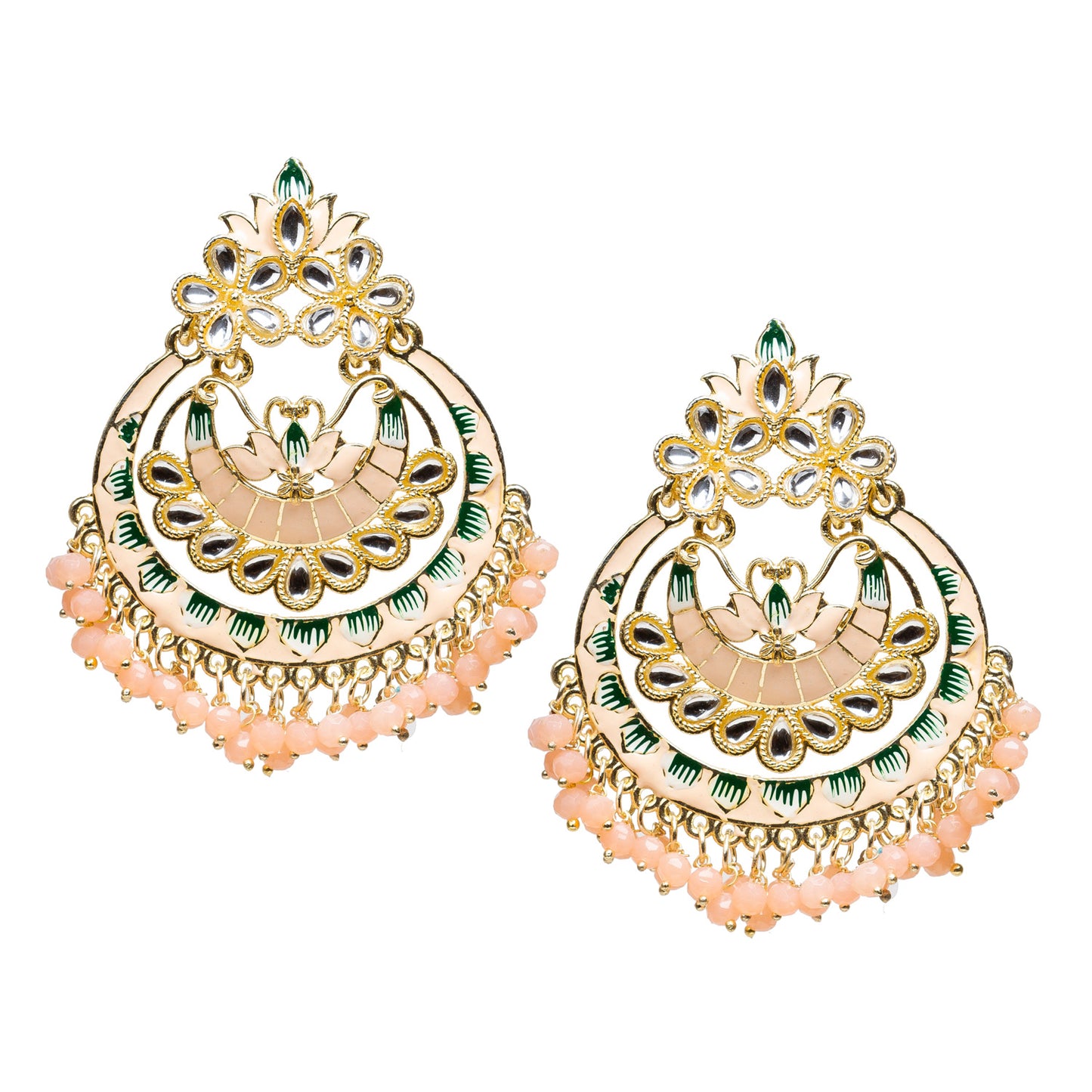 bindhani gold plated peach orange beads kundan stone meeanakari chandball earrings for women girls