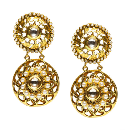 bindhani gold plated pearl and white kundan stone earrings for women and girls