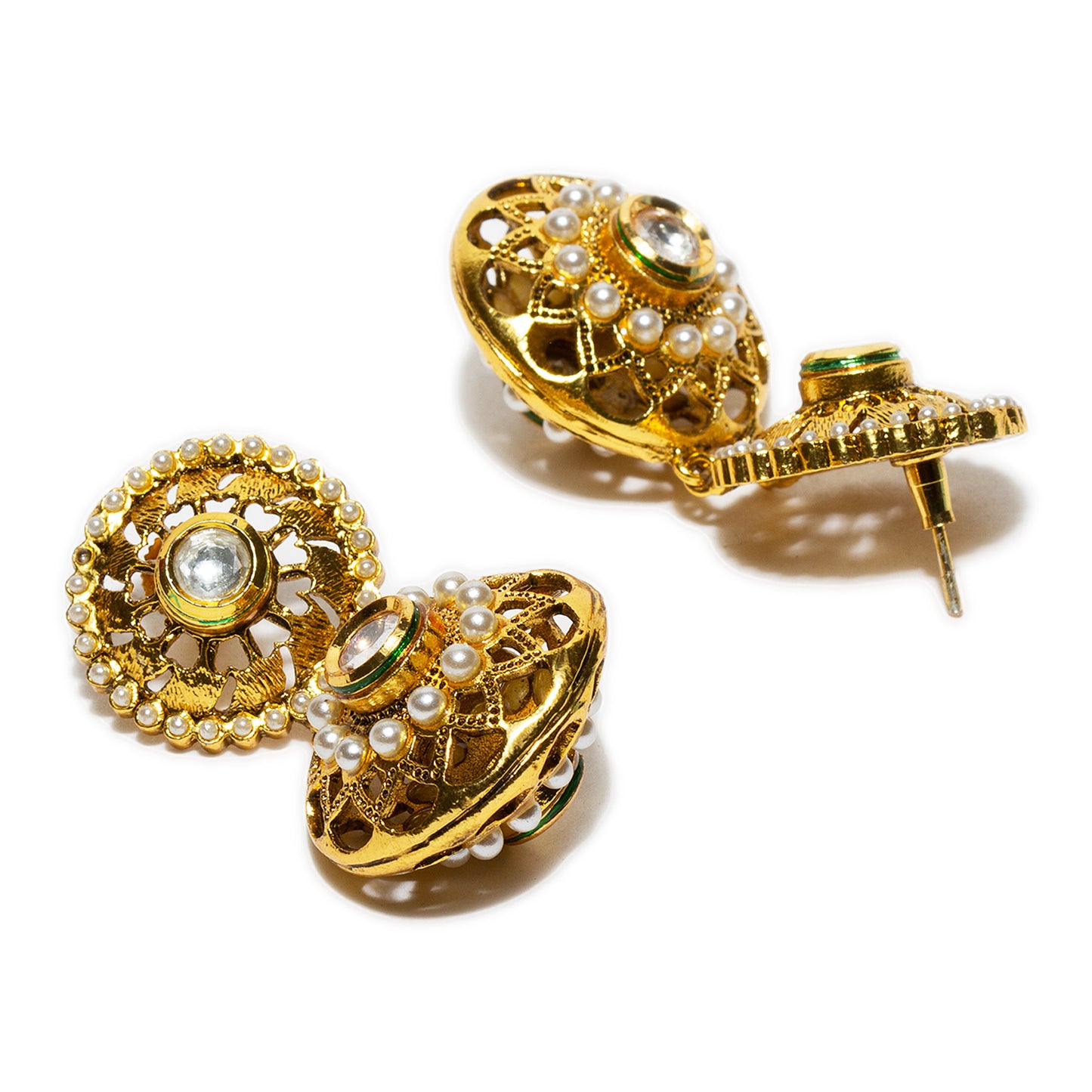 bindhani gold plated pearl and white kundan stone earrings for women and girls