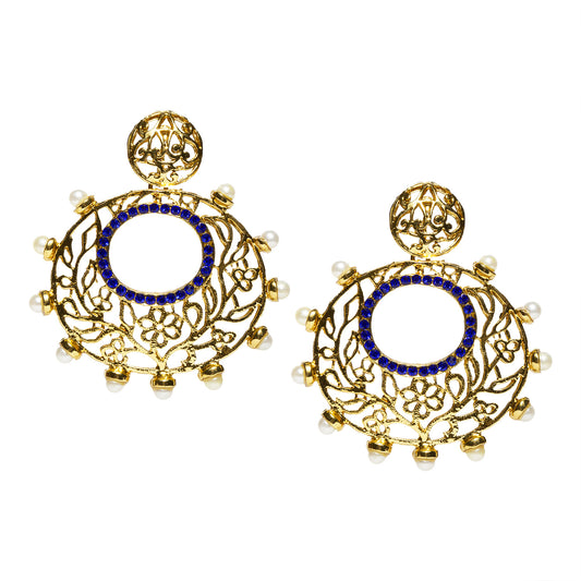 bindhani gold plated pearl blue stone flower sculpted earrings for women