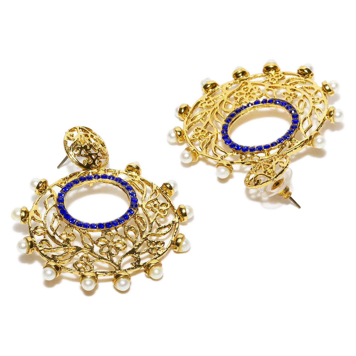 bindhani gold plated pearl blue stone flower sculpted earrings for women