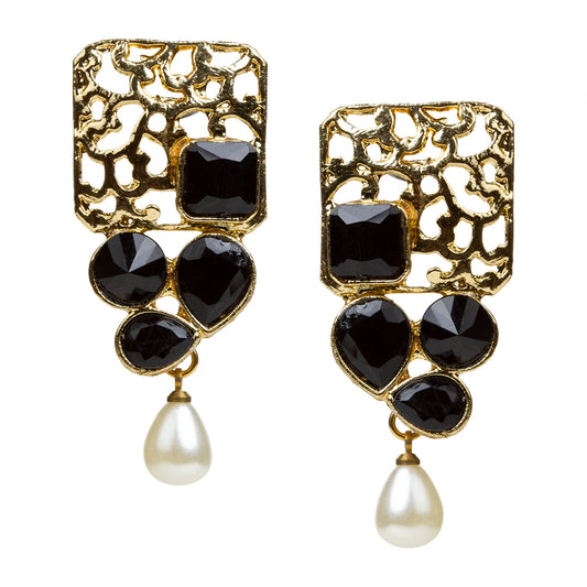 bindhani gold plated pearl drop black stone earrings for women