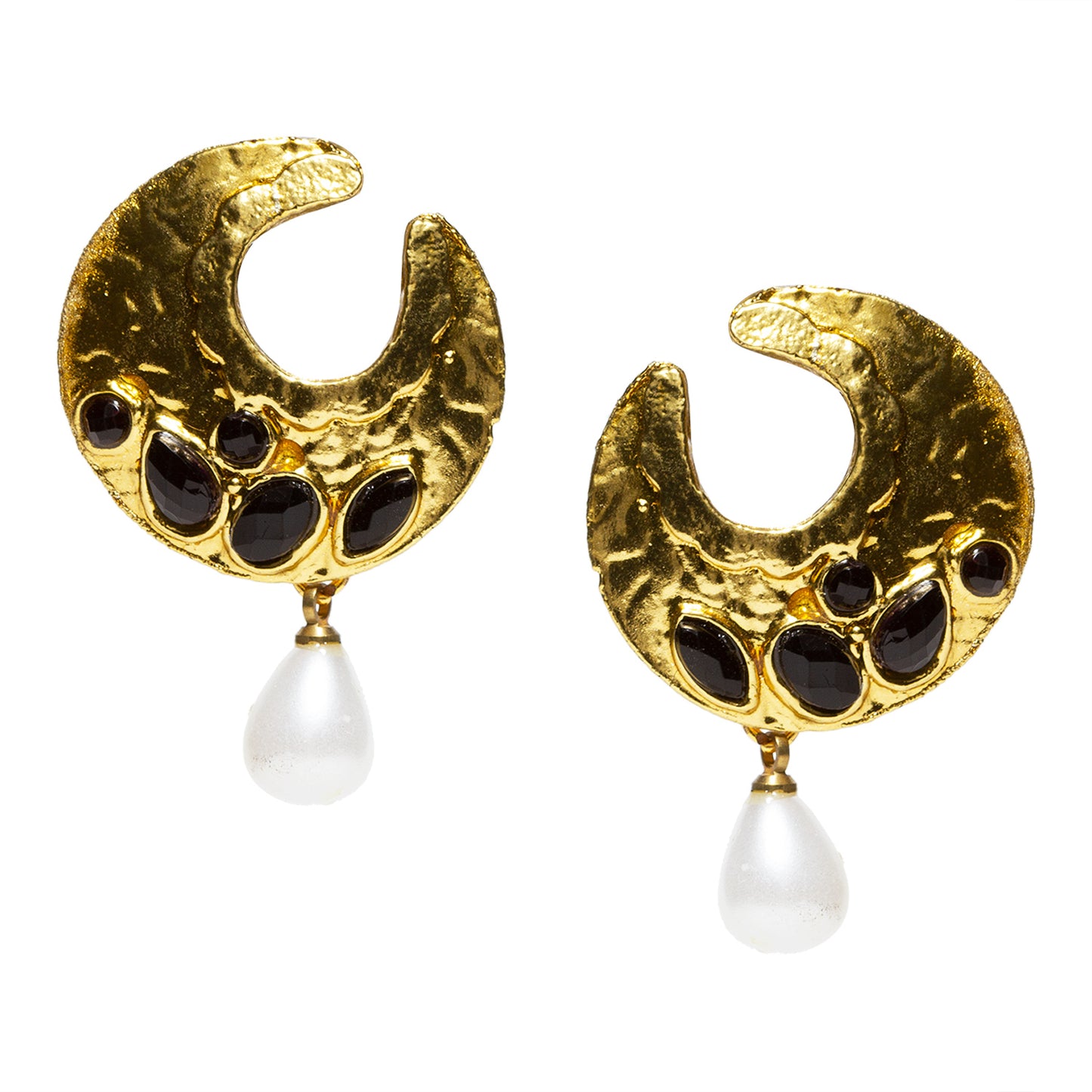 bindhani gold plated pearl drop black stone half moon studs earrings for women and girls