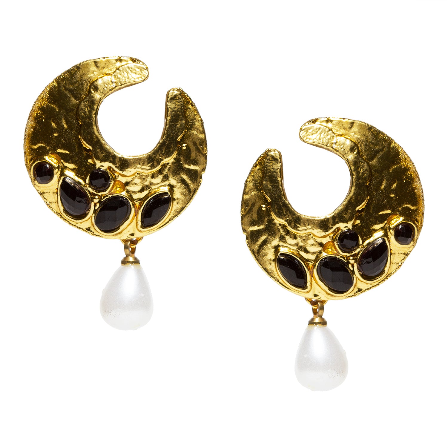 bindhani gold plated pearl drop black stone half moon studs earrings for women and girls