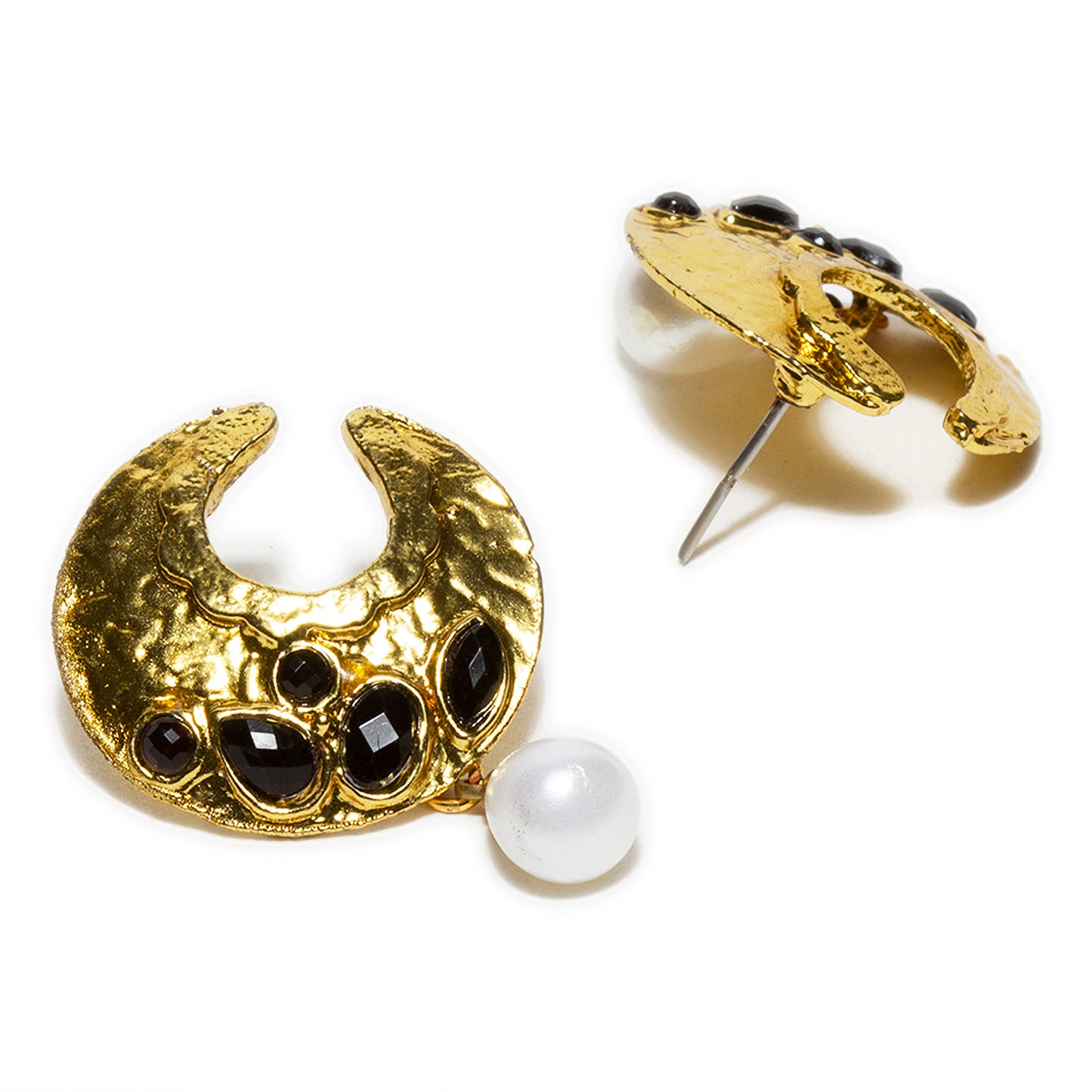 bindhani gold plated pearl drop black stone half moon studs earrings for women and girls