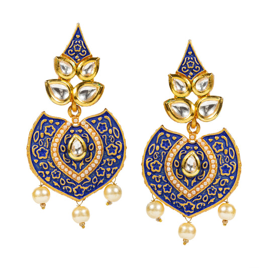bindhani gold plated pearl drop blue meenakari kundan stone earrings for women and girls