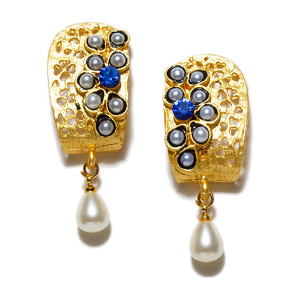 bindhani gold plated pearl drop blue stone dangle earrings for women girls