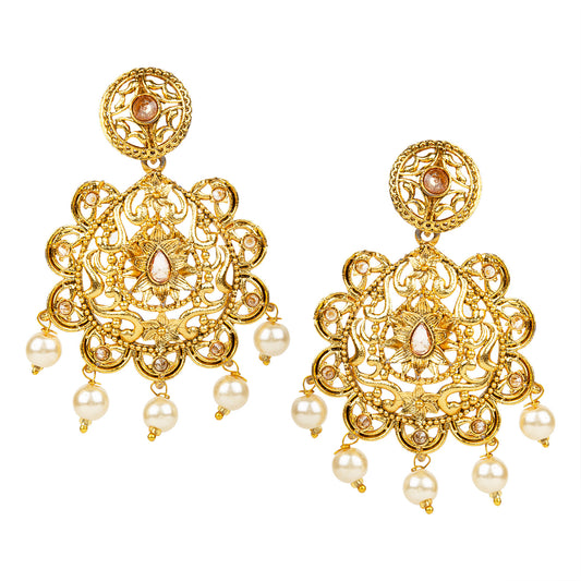 bindhani gold plated pearl drop golden stone chandbali earrings for women and girls