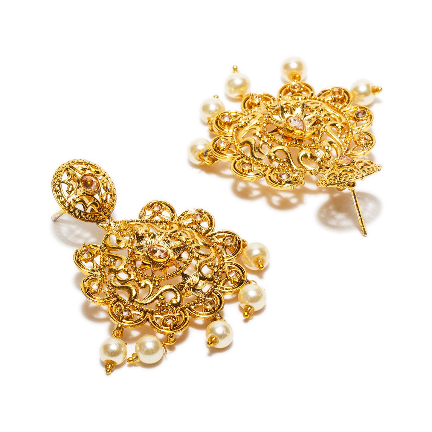 bindhani gold plated pearl drop golden stone chandbali earrings for women and girls