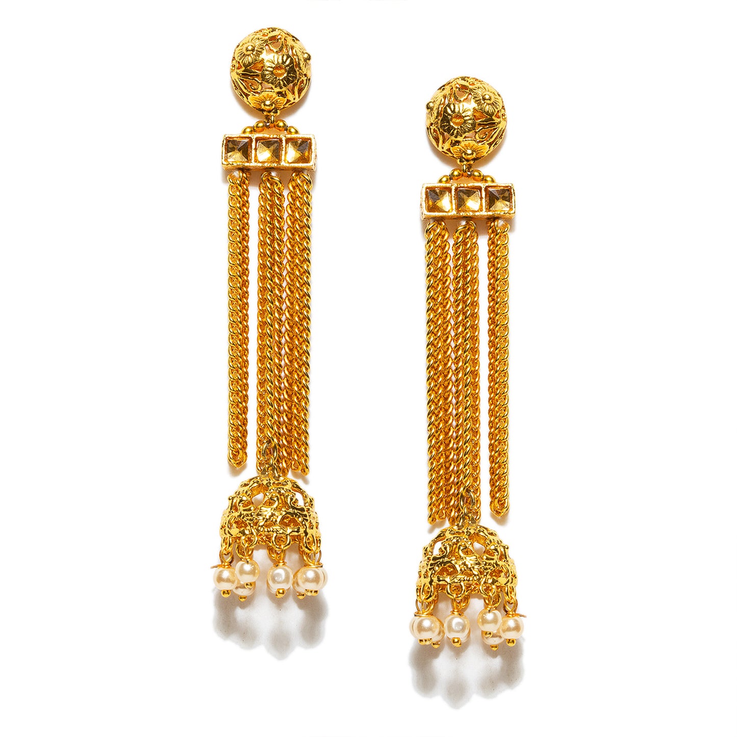 bindhani gold plated pearl drop golden stone long tassels earrings for women girls