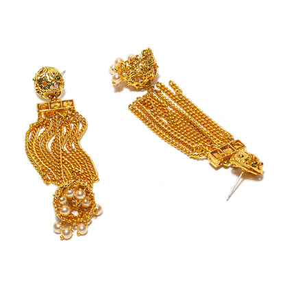 bindhani gold plated pearl drop golden stone long tassels earrings for women girls