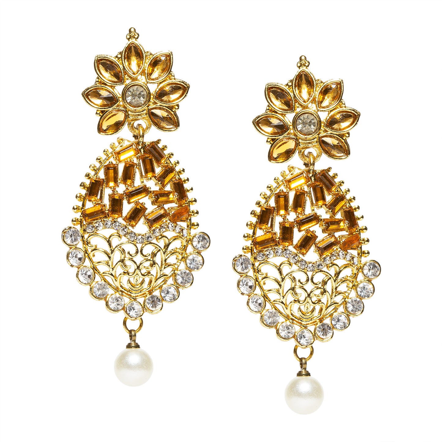 bindhani gold plated pearl drop golden white stone dangler drop earrings for women and girls