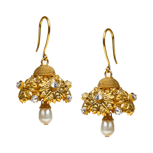 bindhani gold plated pearl drop jhumka for women